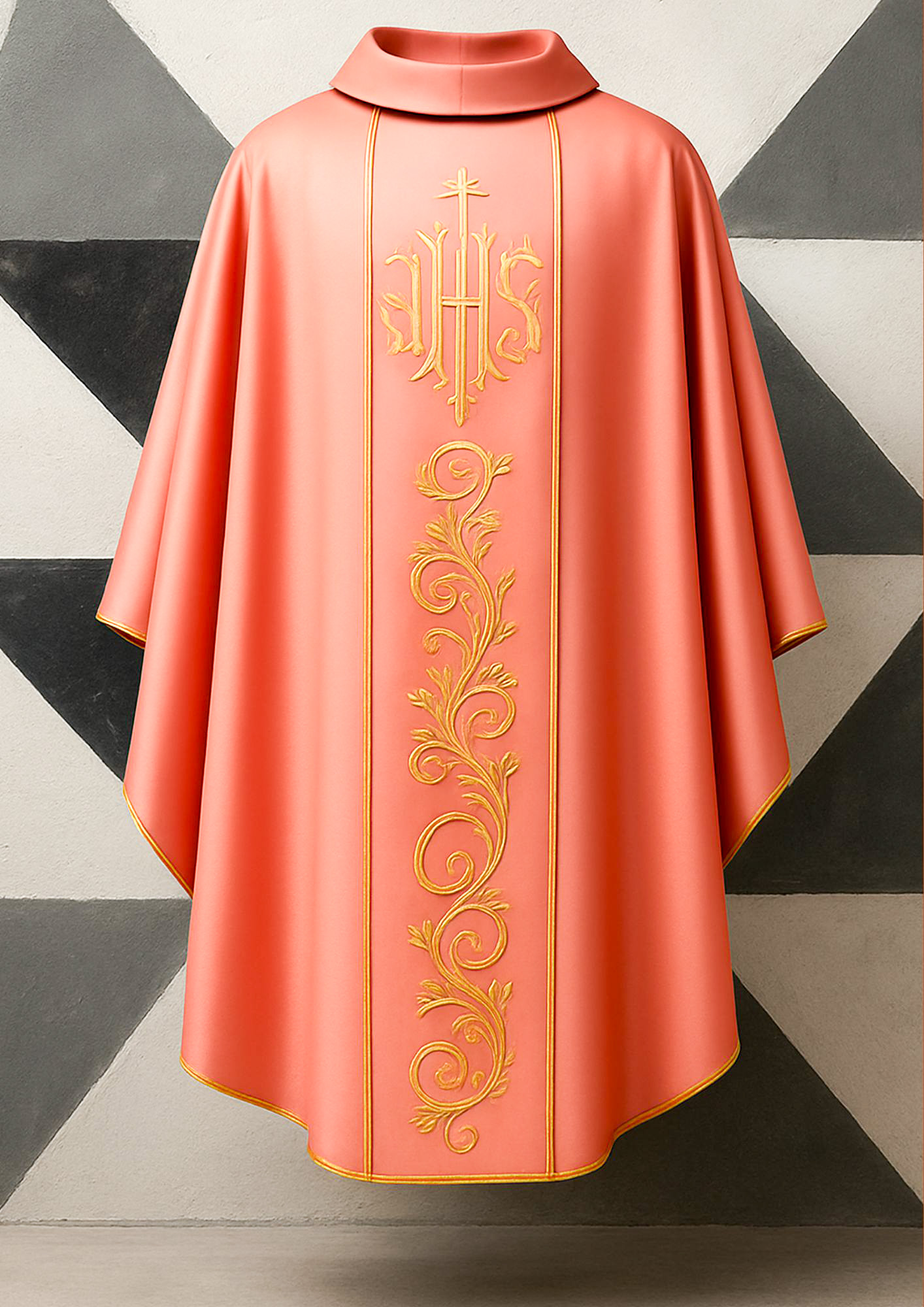 Gold IHS embroidery and a roll collar.  