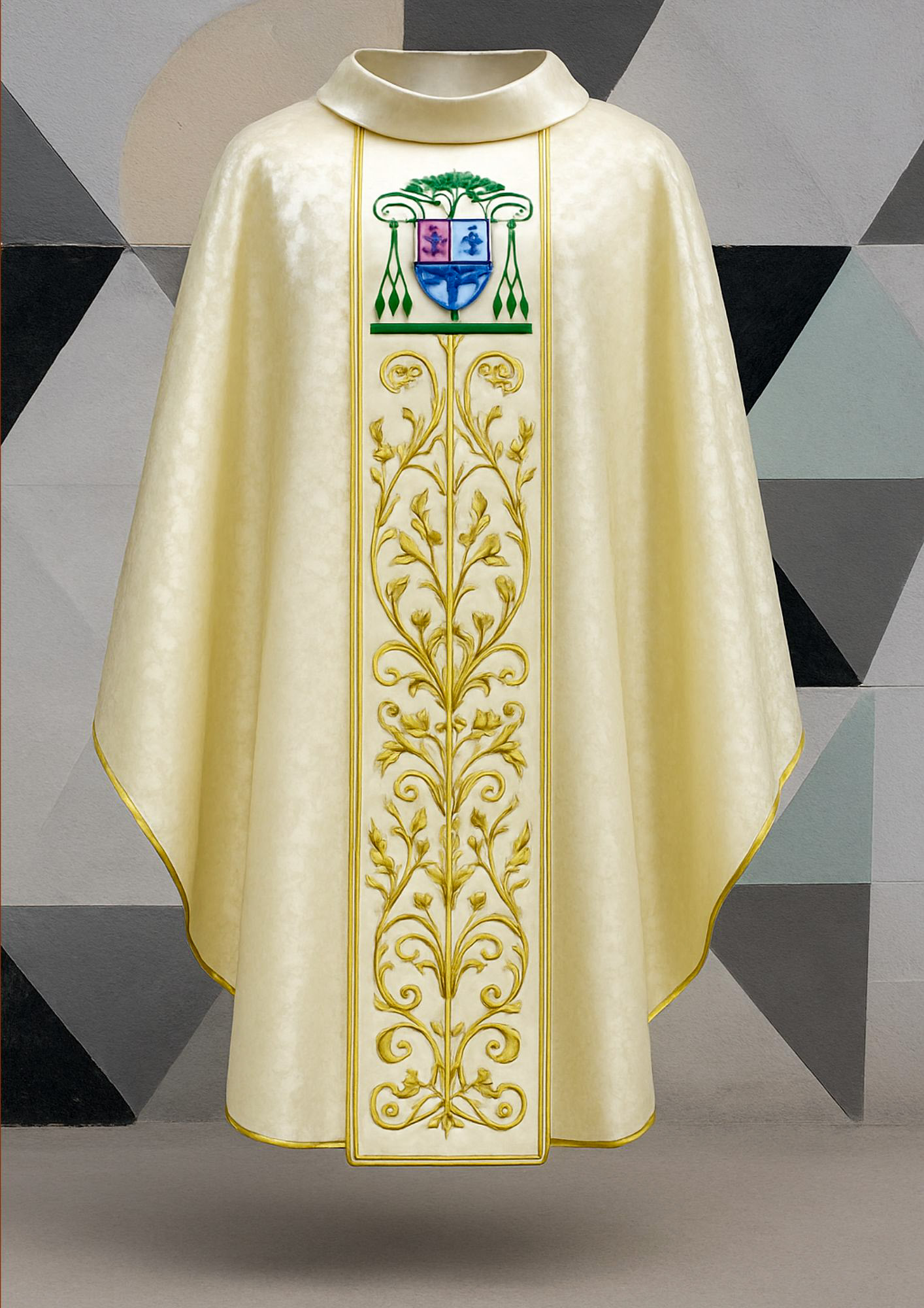 Gold-embroidered panel and a Marian motif. 