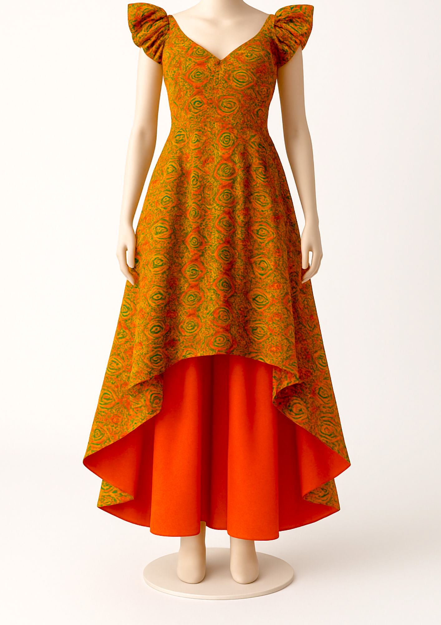  Vibrant orange and green Ankara print with distinctive ruffle cap sleeves.   Instagram  +1