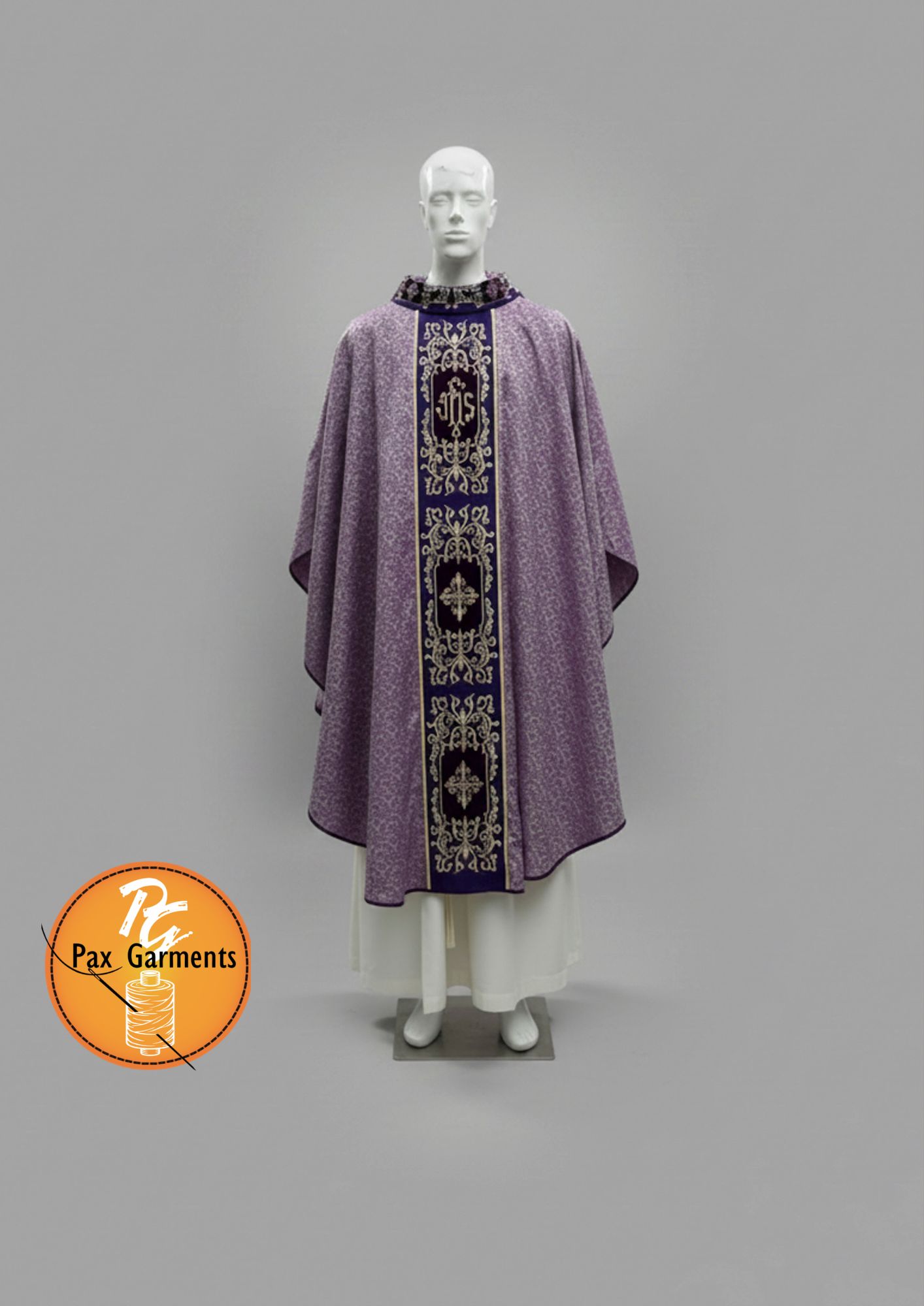 Purple liturgical chasuble features intricate golden embroidery along a central velvet panel.