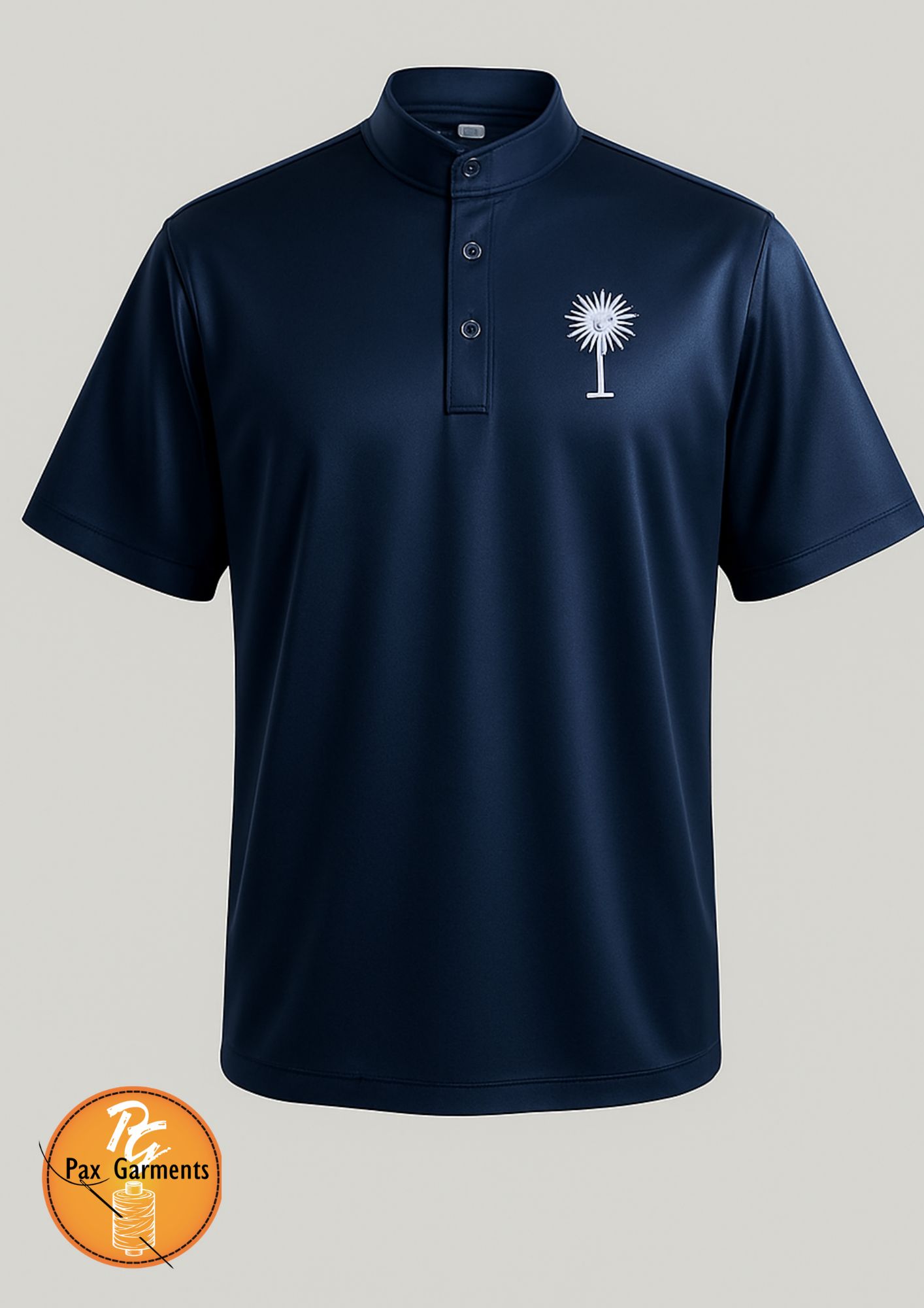 Navy blue men's polo shirt features a distinctive stand-up collar with a three-button placket and a white embroidered logo on the chest. 