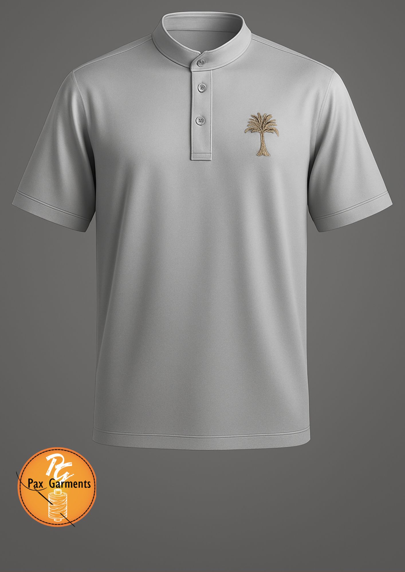 Light grey polo shirt features a distinct mandarin collar and an embroidered palm tree logo.   eBay  +1
