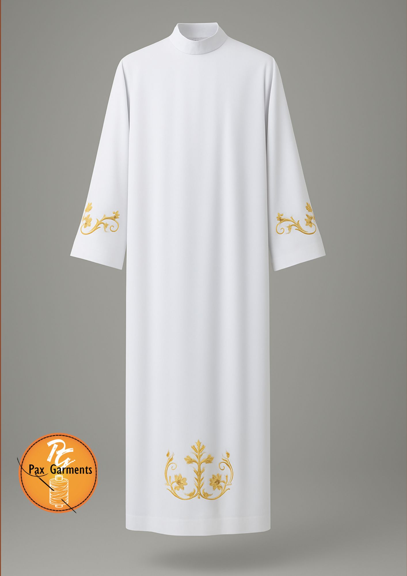  White liturgical alb features gold embroidery on the sleeves and hem.   