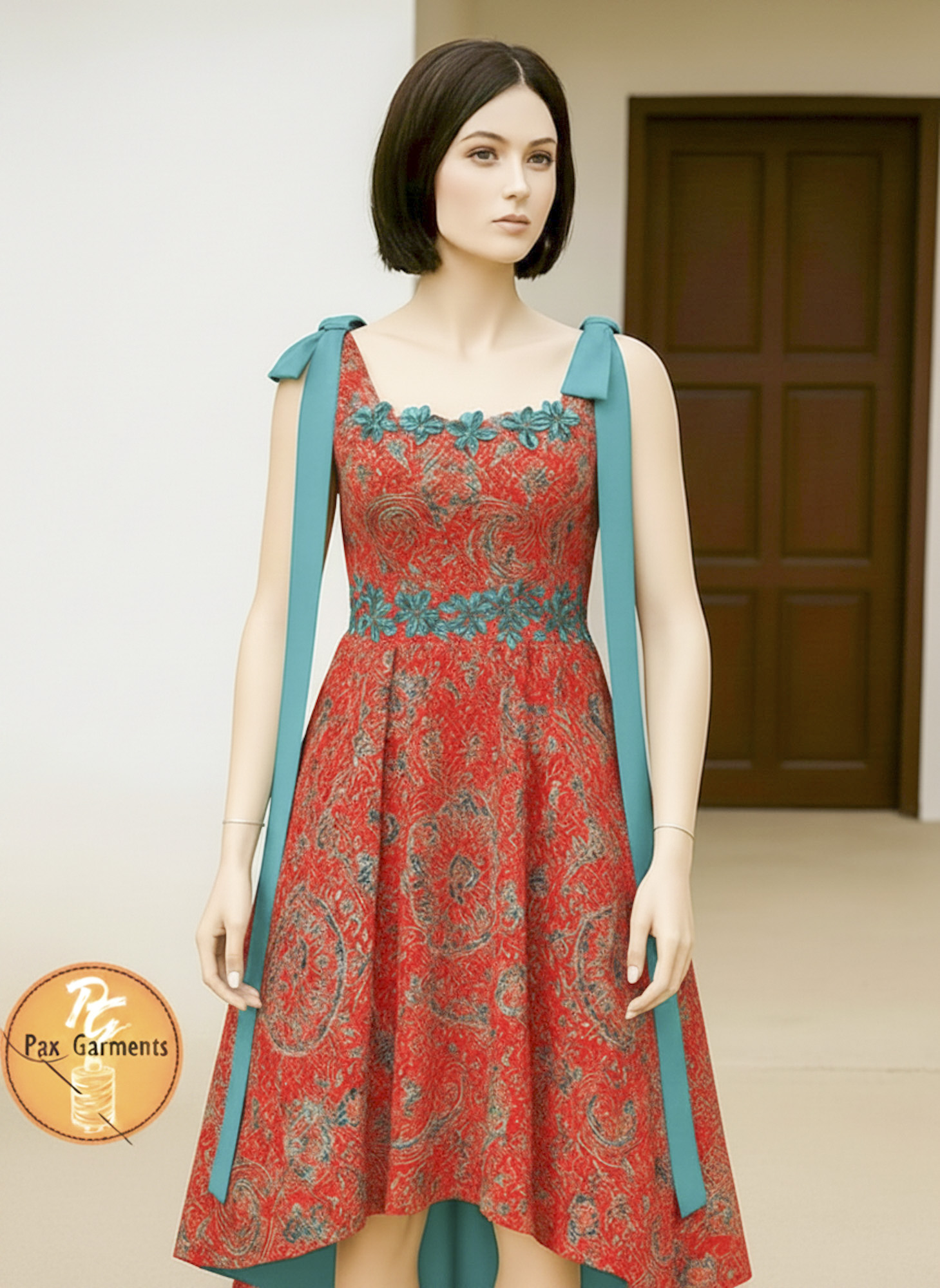  Striking orange and green Ankara print with prominent teal shoulder tie straps and a lace-up back detail.  