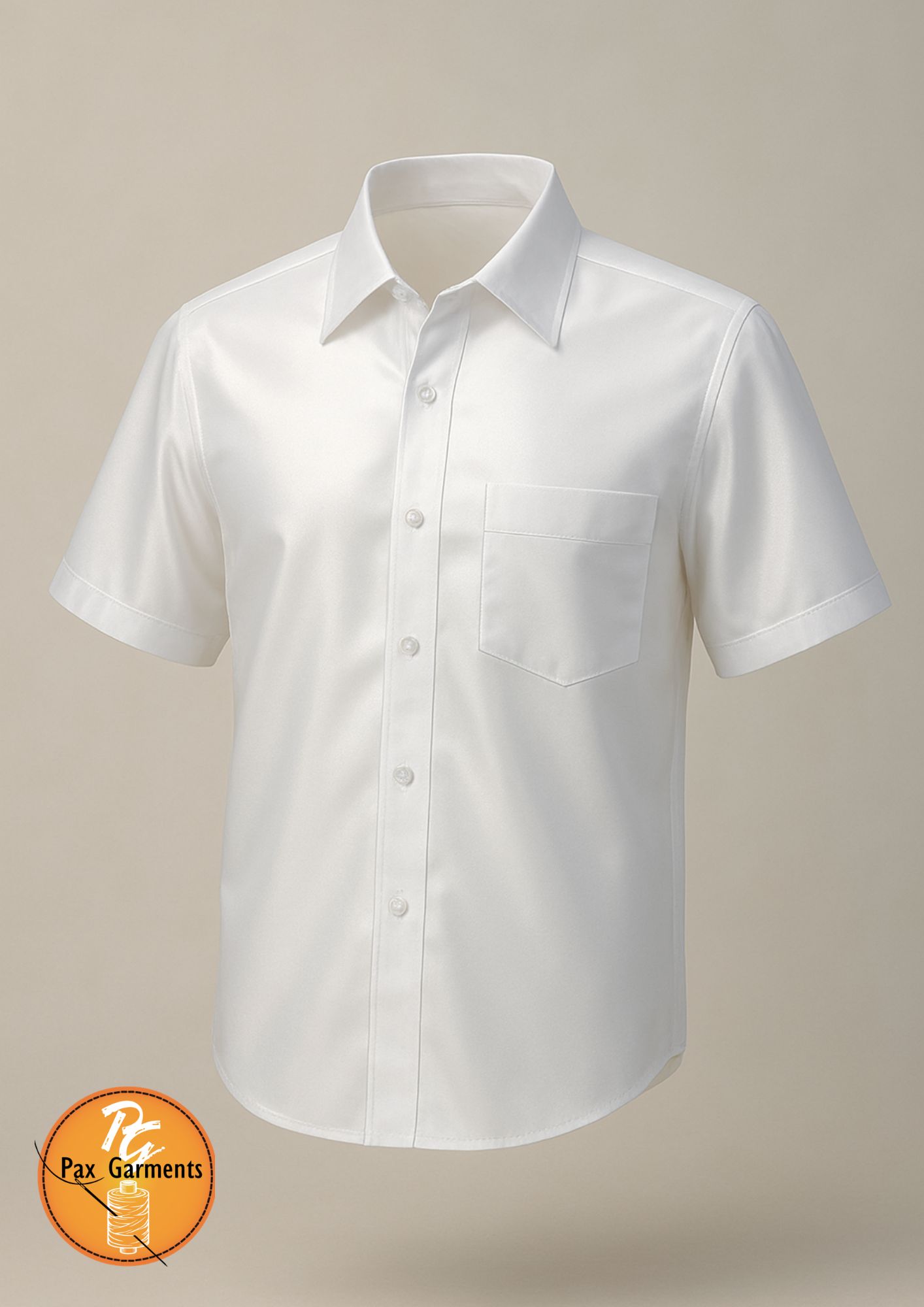  Men's white short-sleeve shirt features a classic button-down design with a patch pocket on the left chest.   