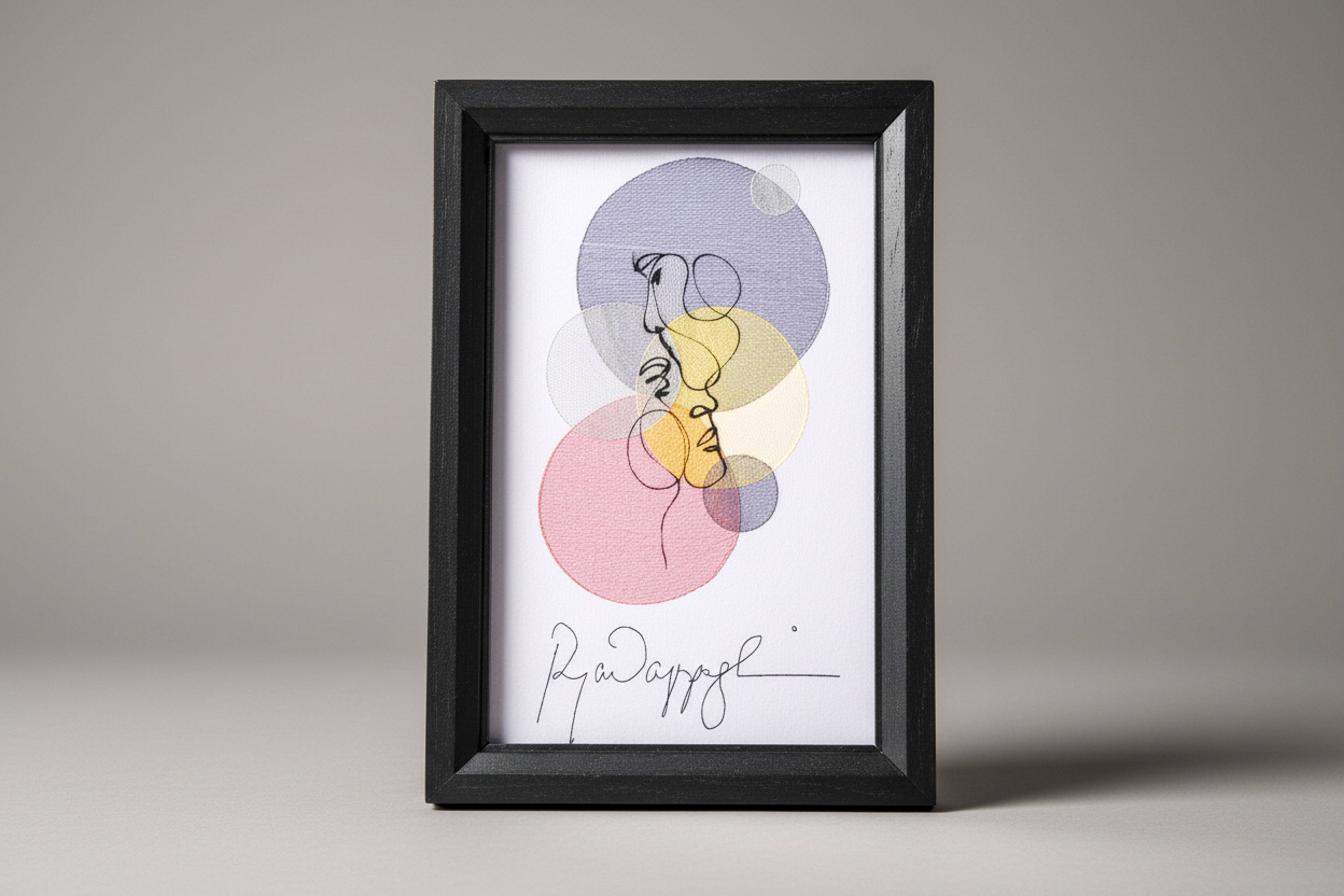  "Couple Face Colored Circles" framed print features a black line art illustration of two faces on a white background