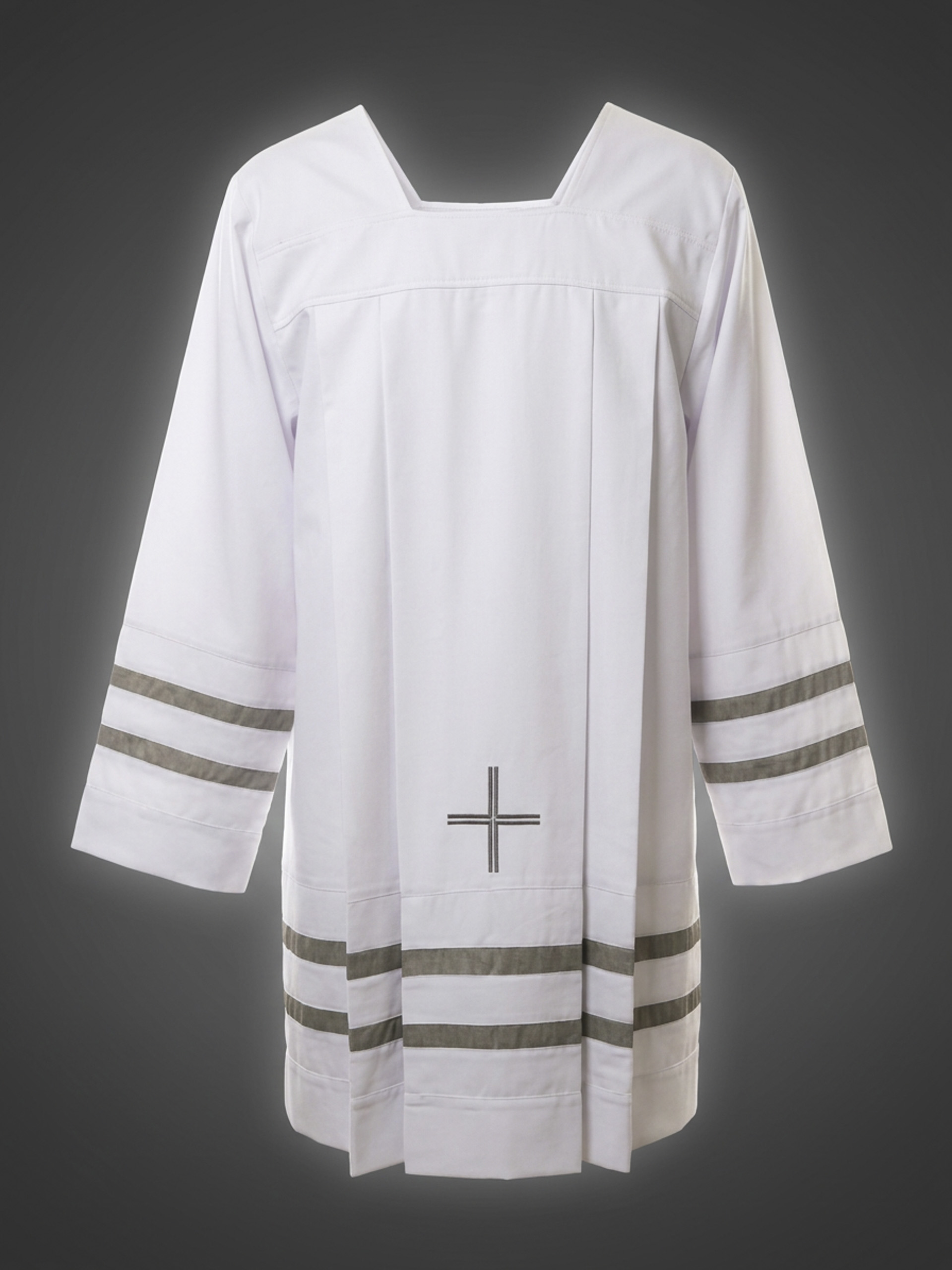 White choir surplice featuring distinct gray double-band details on the sleeves and hem.