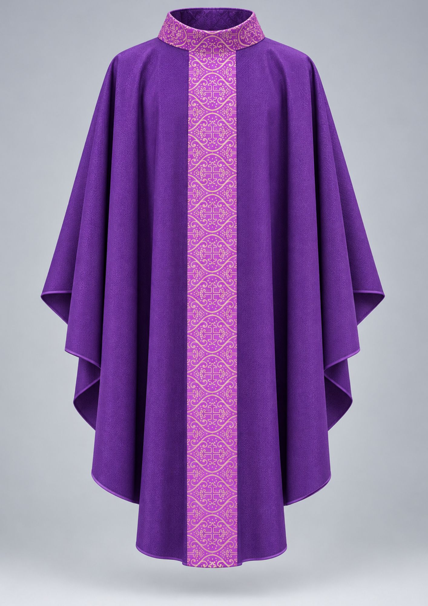 Purple chasuble featuring a vertical, gold-toned orphrey band adorned with intricate cross and scroll patterns.