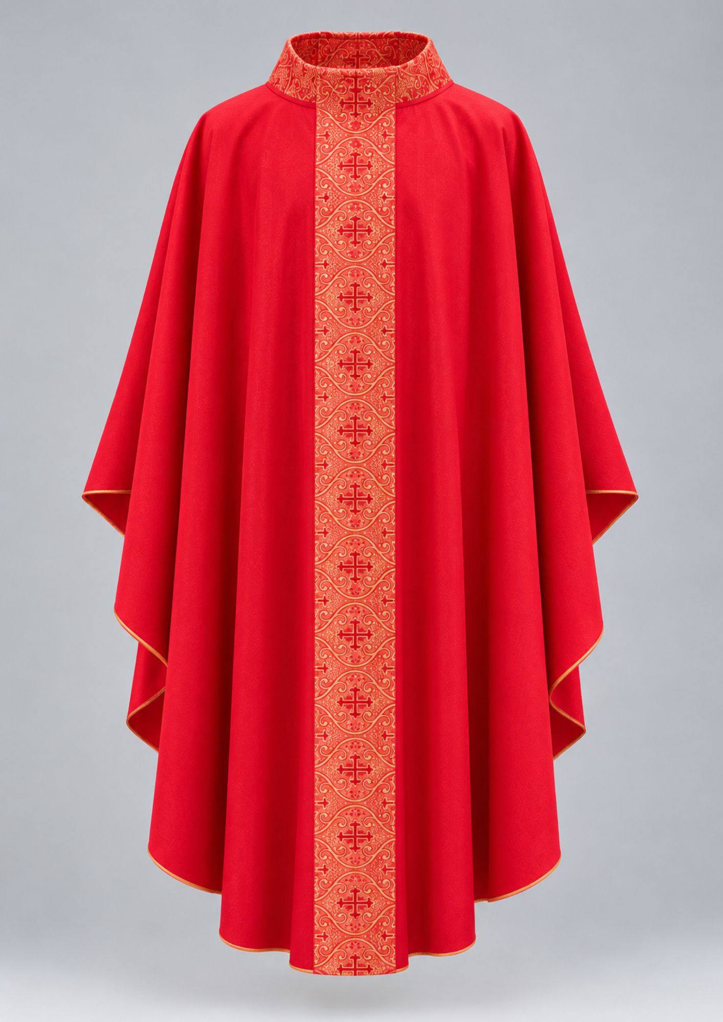 Vibrant red chasuble featuring a wide, gold embroidered orphrey band decorated with repeating cross motifs.