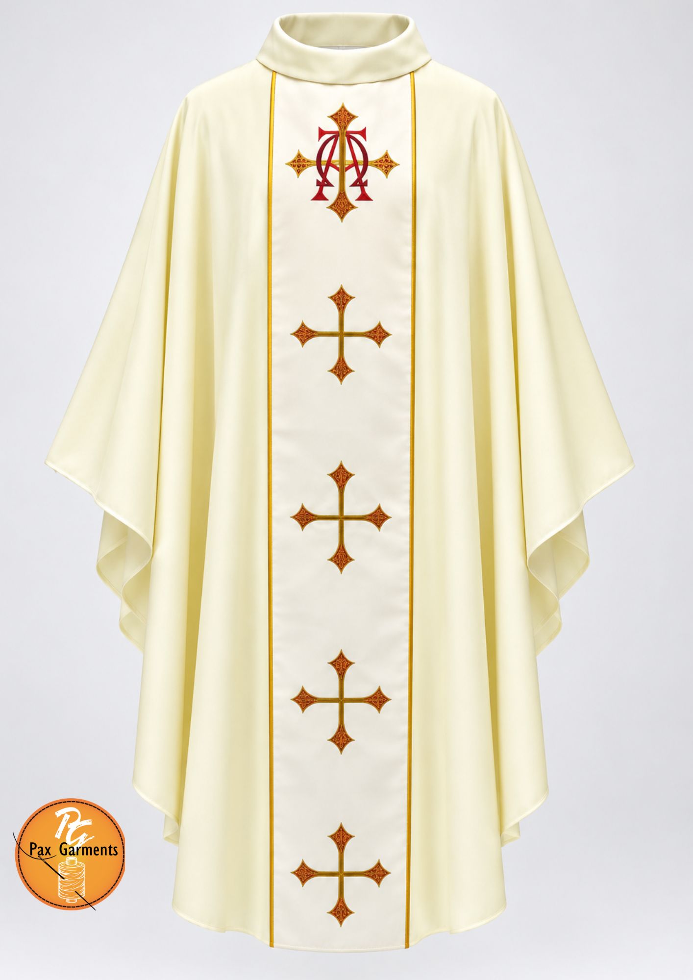  Cream-colored chasuble features an embroidered vertical panel adorned with red and gold crosses and a sacred monogram near the collar.