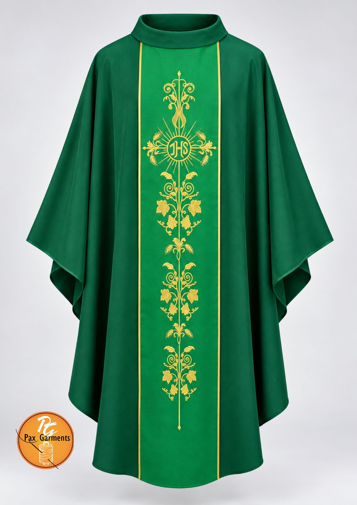 Green liturgical chasuble by Pax Garments, detailed with elegant gold IHS embroidery and grape vine motifs.