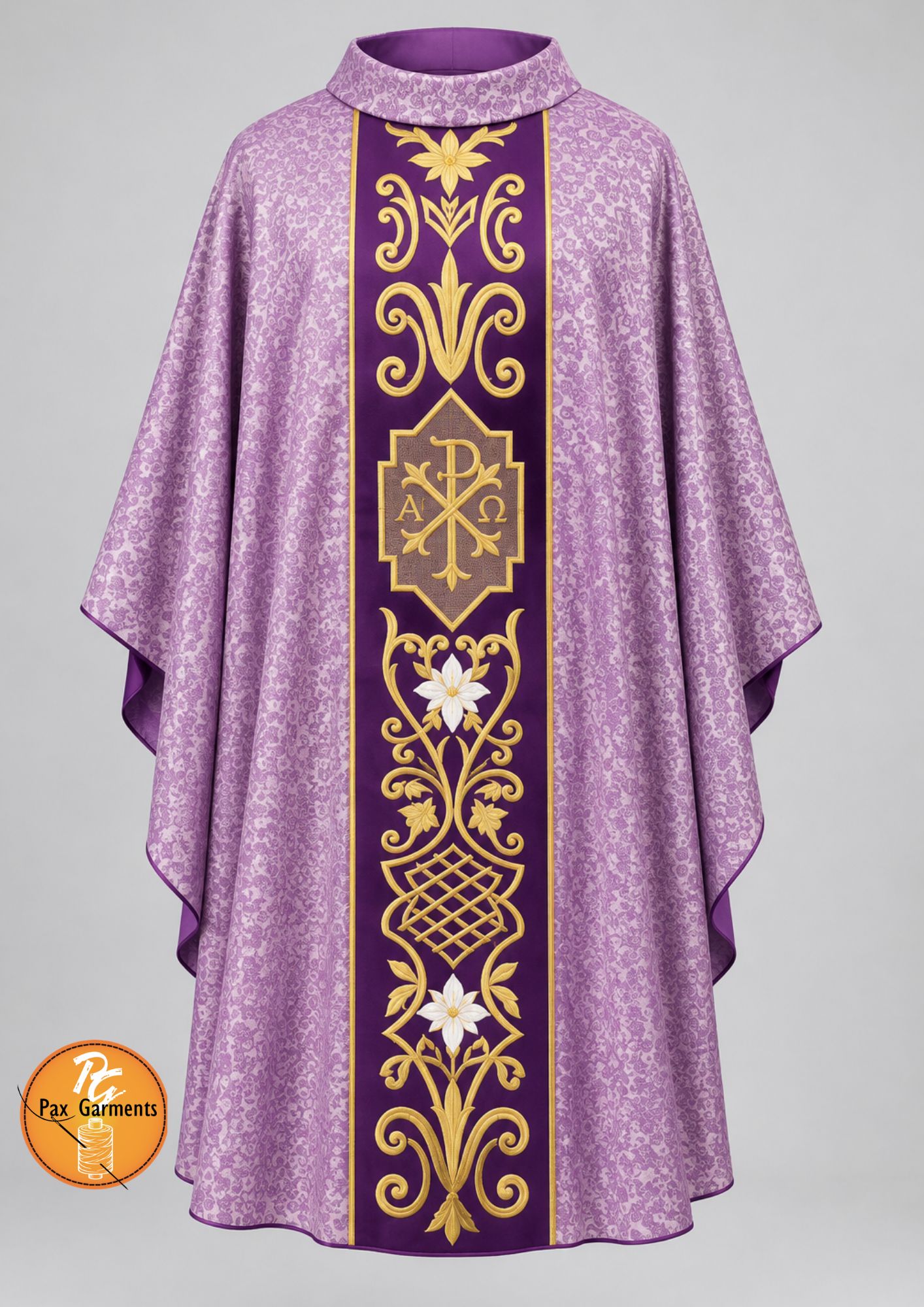 Lavender brocade chasuble by Pax Garments features a central purple pillar adorned with gold embroidered floral and Chi-Rho motifs.